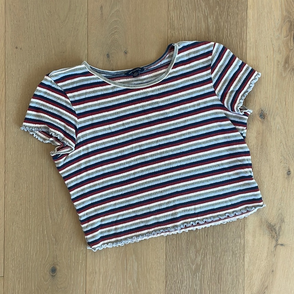 American Eagle Navy Blue, Red, White, and Green Stripped Crop Shirt